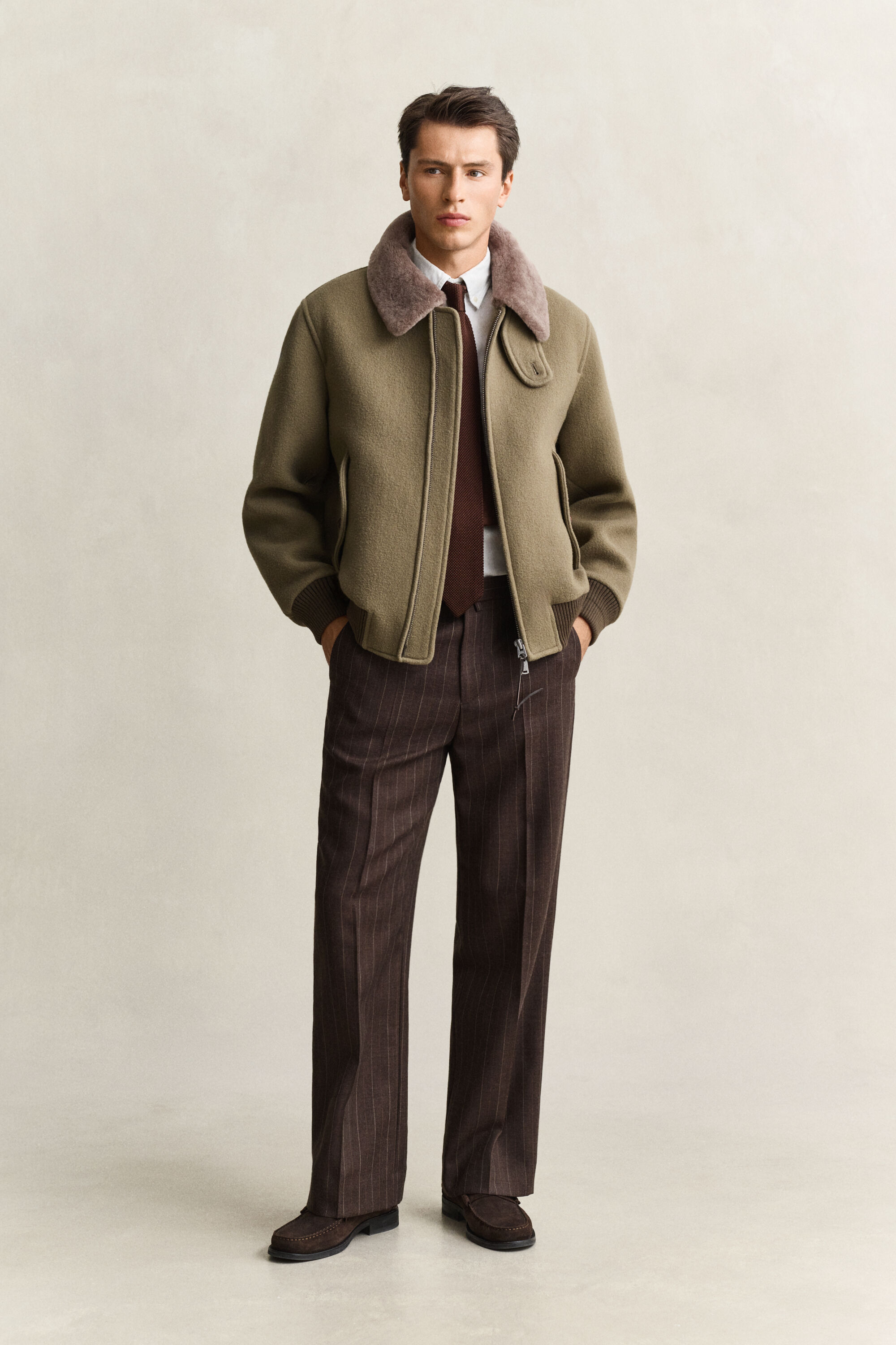 Fliegerjacke aus Wolle mit Shearlingesatz