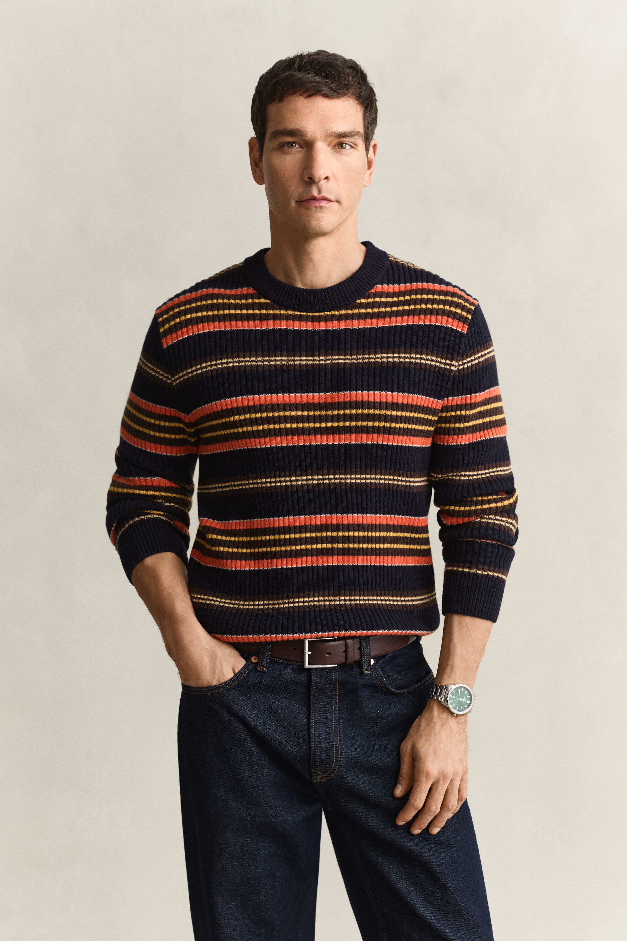 Gerippter Pullover mit Streifen