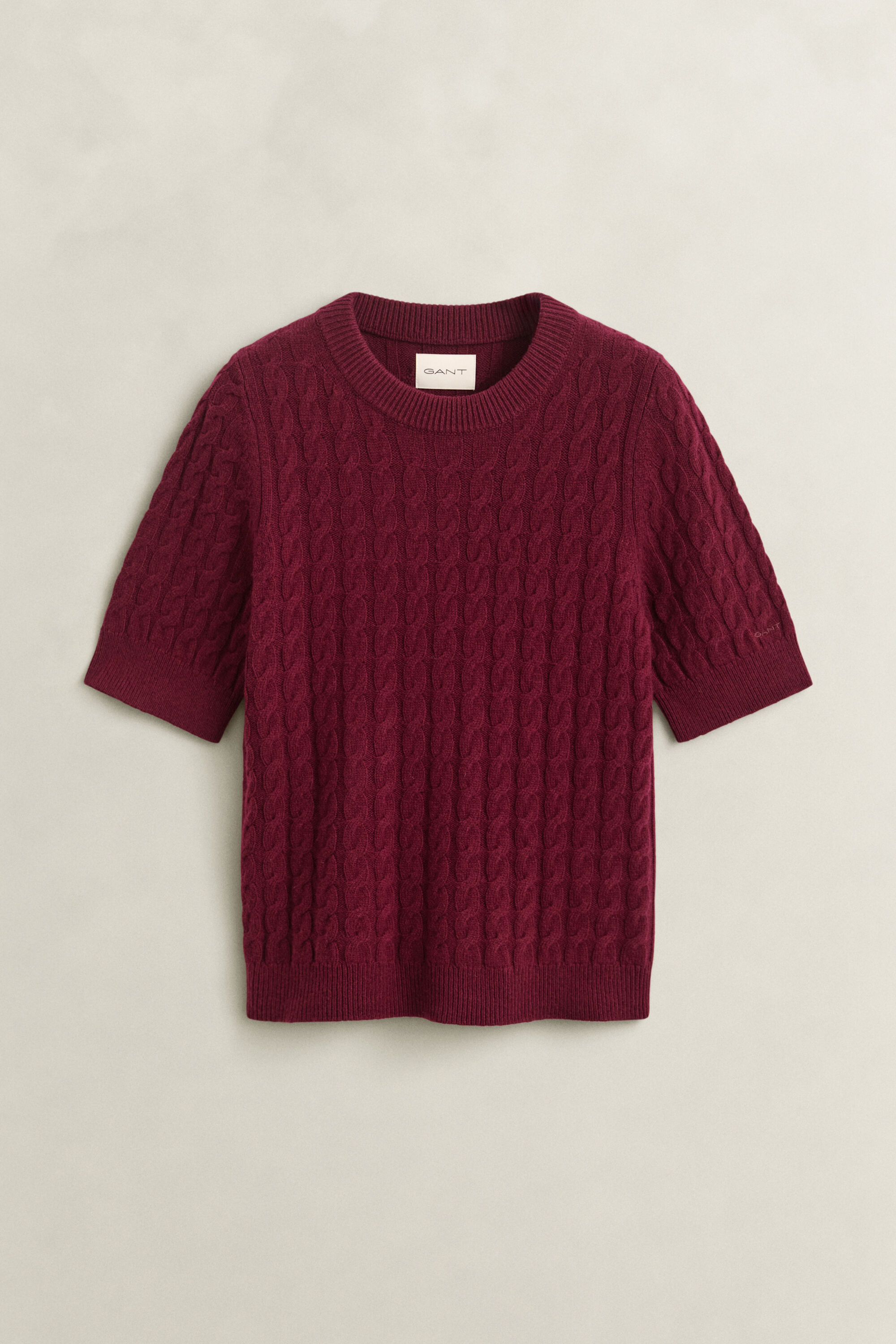 Kurzarmpullover mit Zopfmuster aus Woll-Kaschmir-Mix