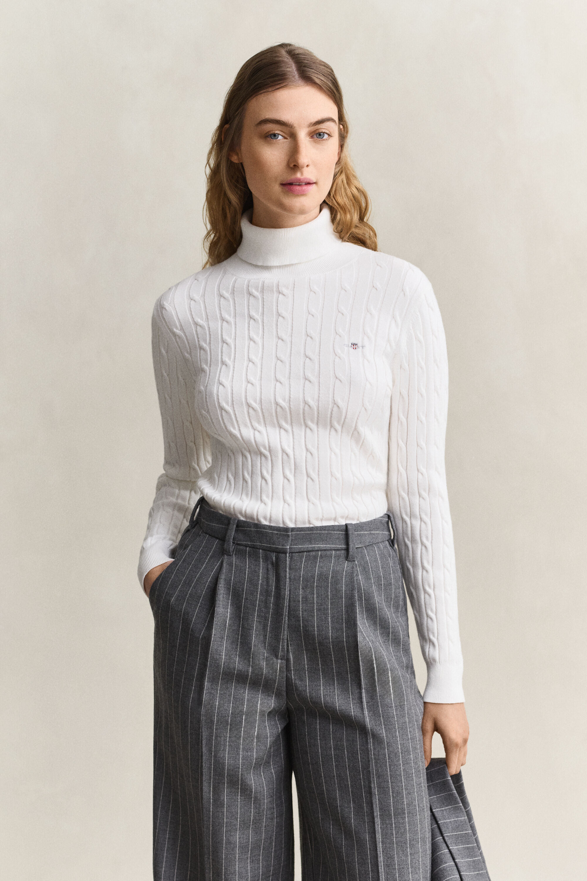 Zopfstrick Rollkragenpullover aus Stretch-Baumwolle