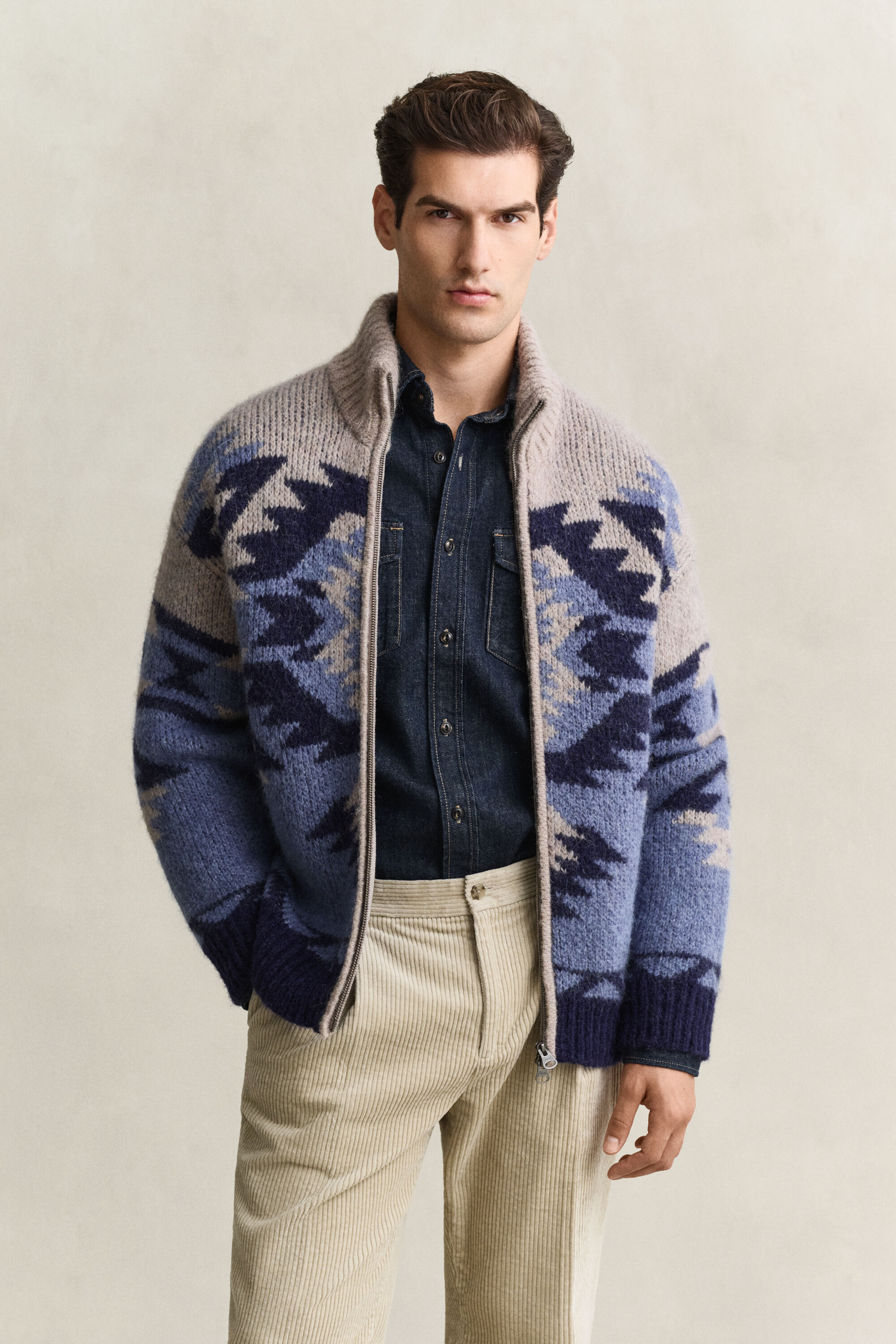Jacquard-Strickjacke mit Reißverschluss aus Alpakawollgemisch