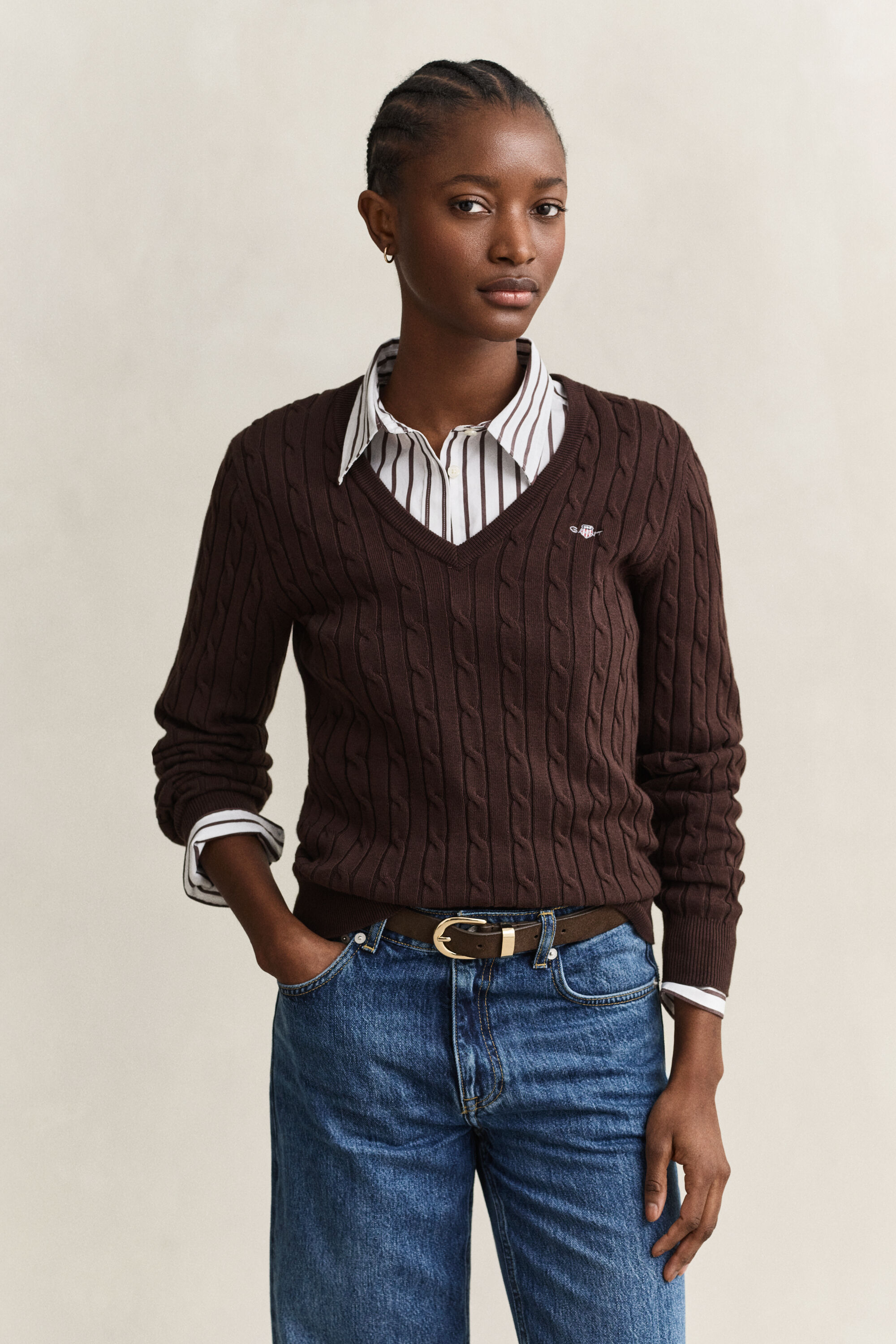 Zopfstrick V-Neck Pullover aus Stretch-Baumwolle
