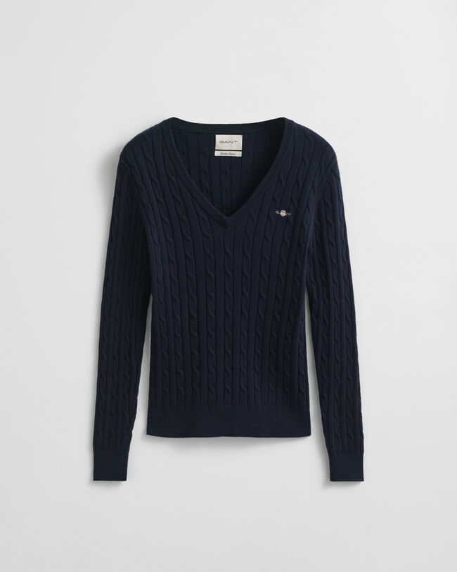 Zopfstrick V-Neck Pullover aus Stretch-Baumwolle