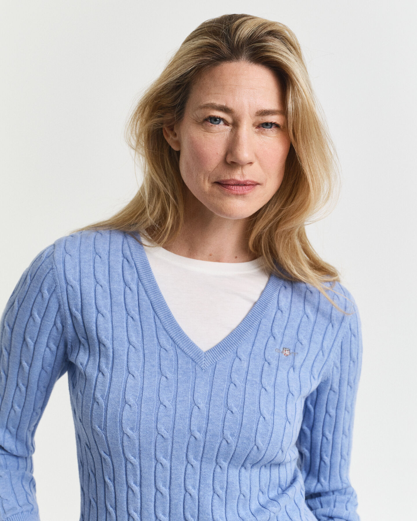 Zopfstrick V-Neck Pullover aus Stretch-Baumwolle