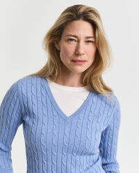 Zopfstrick V-Neck Pullover aus Stretch-Baumwolle