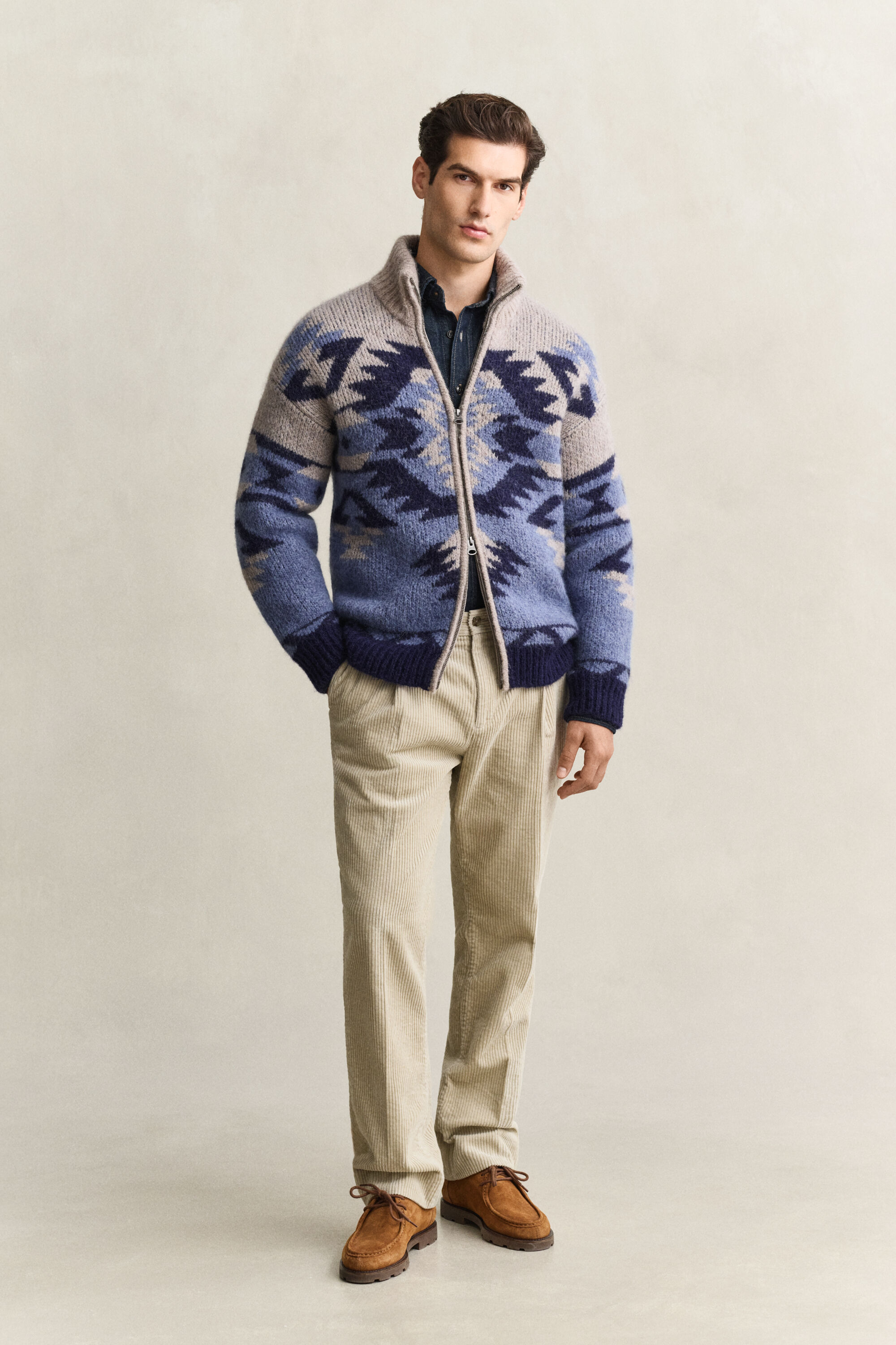 Jacquard-Strickjacke mit Reißverschluss aus Alpakawollgemisch