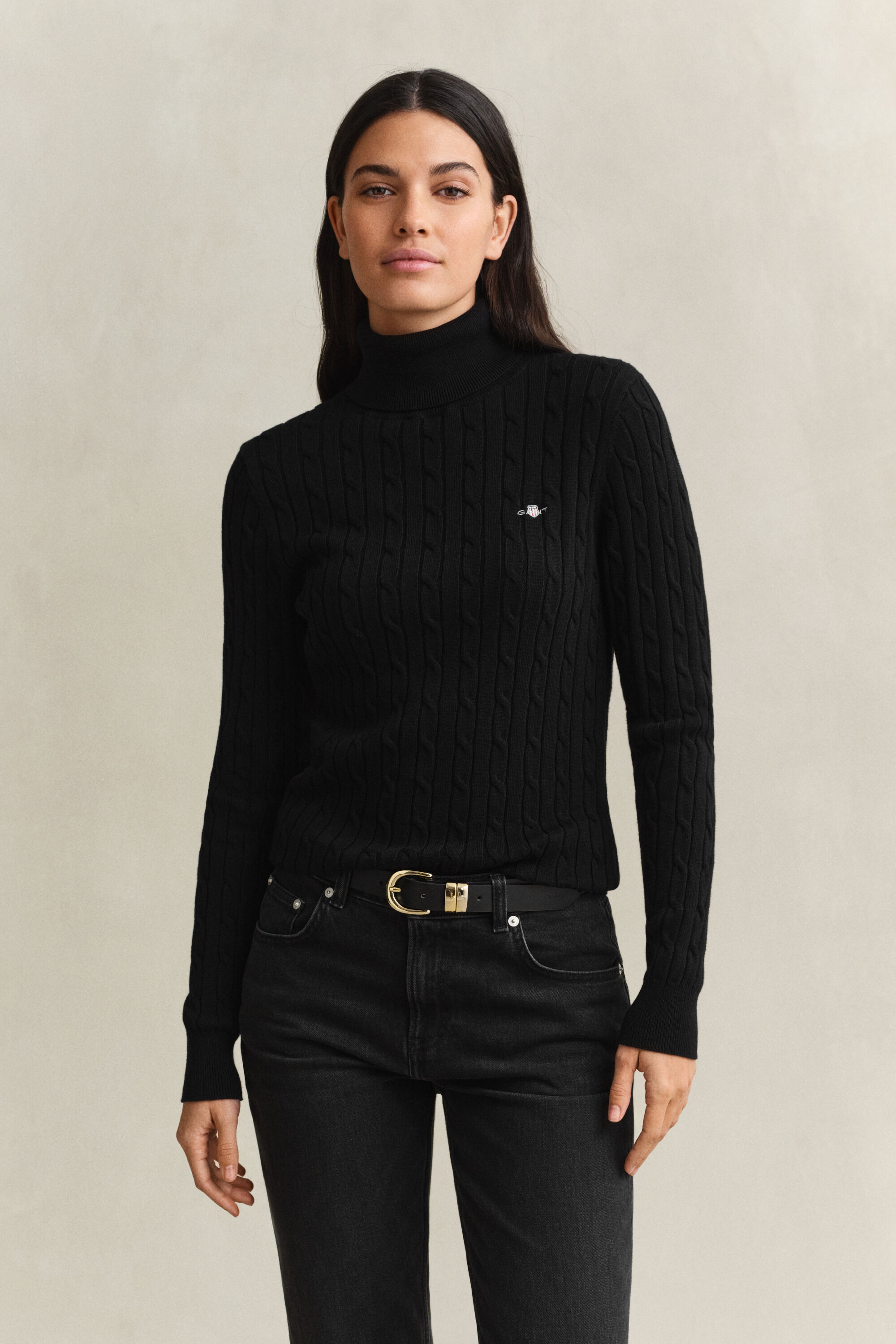 Zopfstrick Rollkragenpullover aus Stretch-Baumwolle