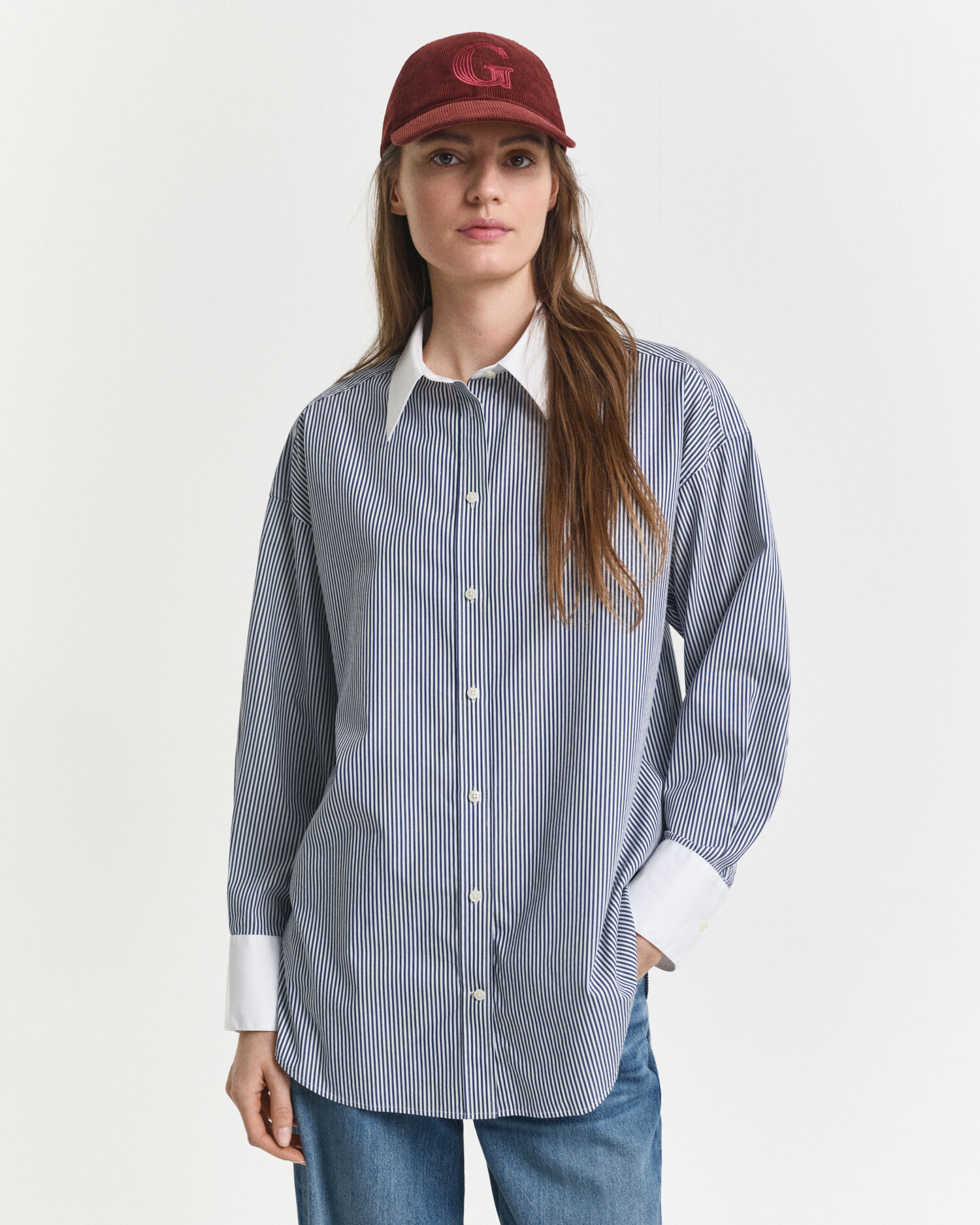 Oversized Bluse mit Kontrastkragen und Streifen