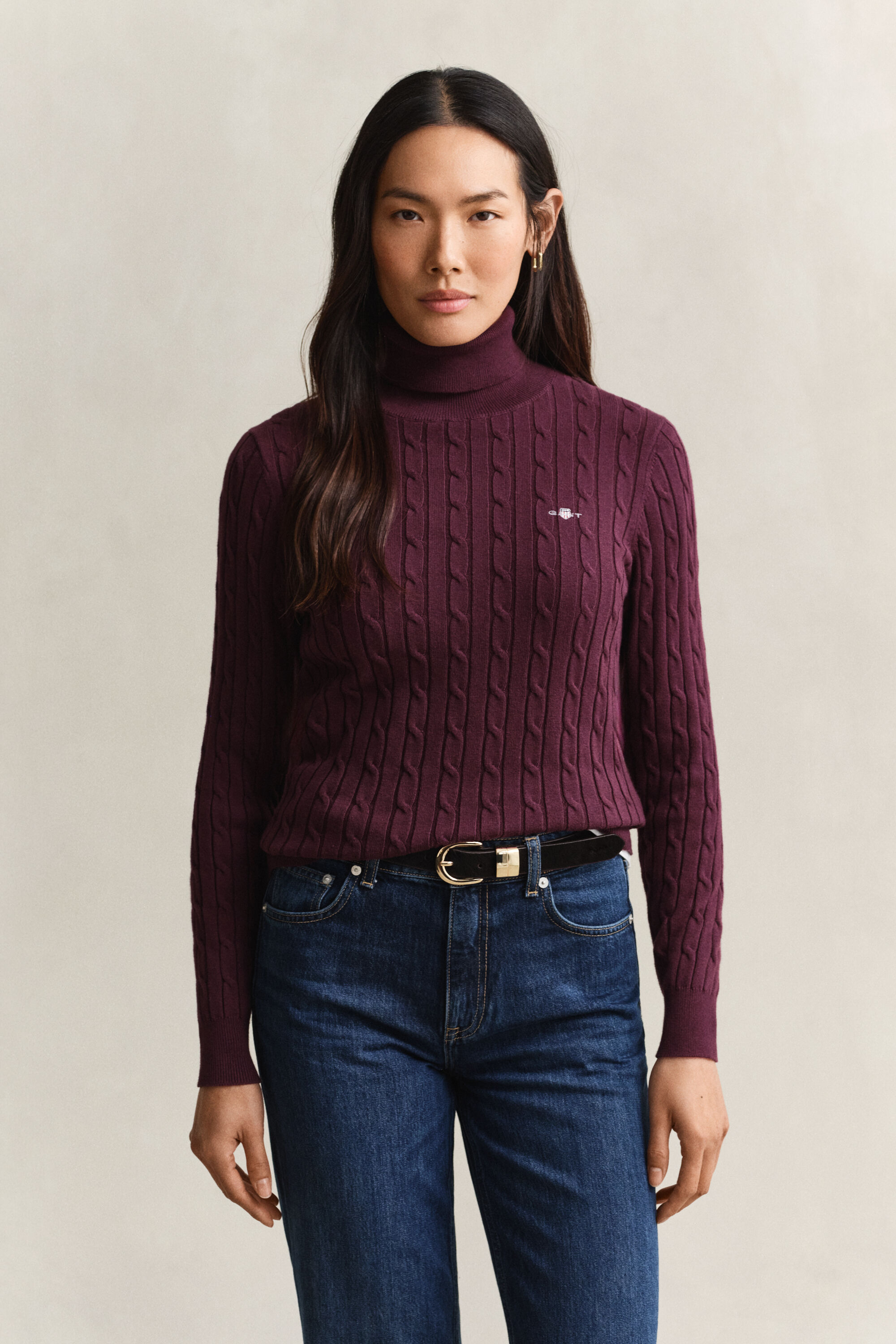 Zopfstrick Rollkragenpullover aus Stretch-Baumwolle