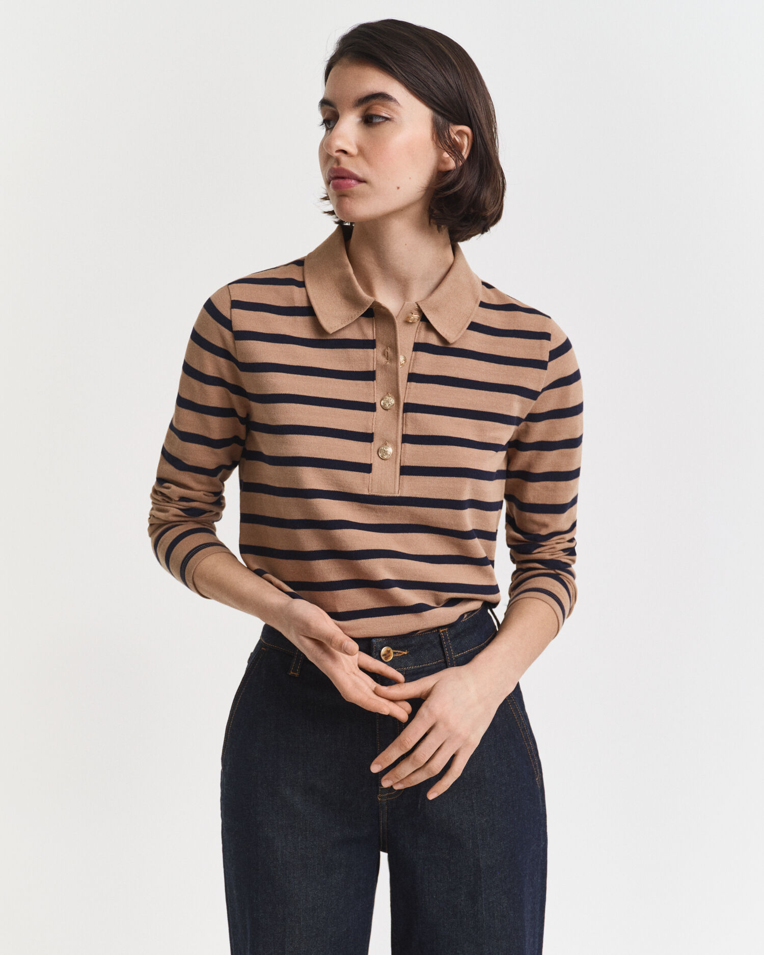 Breton Striped Piqué Langarm-Poloshirt