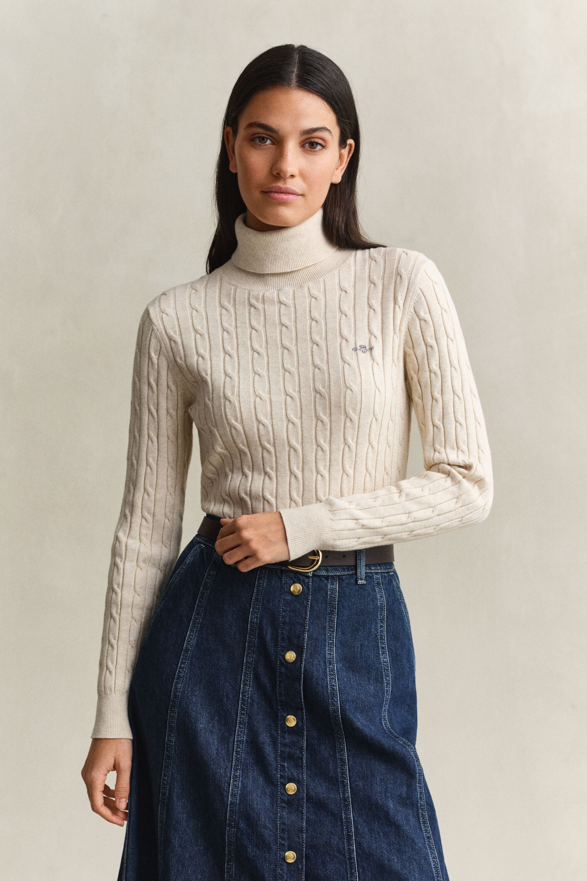 Zopfstrick Rollkragenpullover aus Stretch-Baumwolle