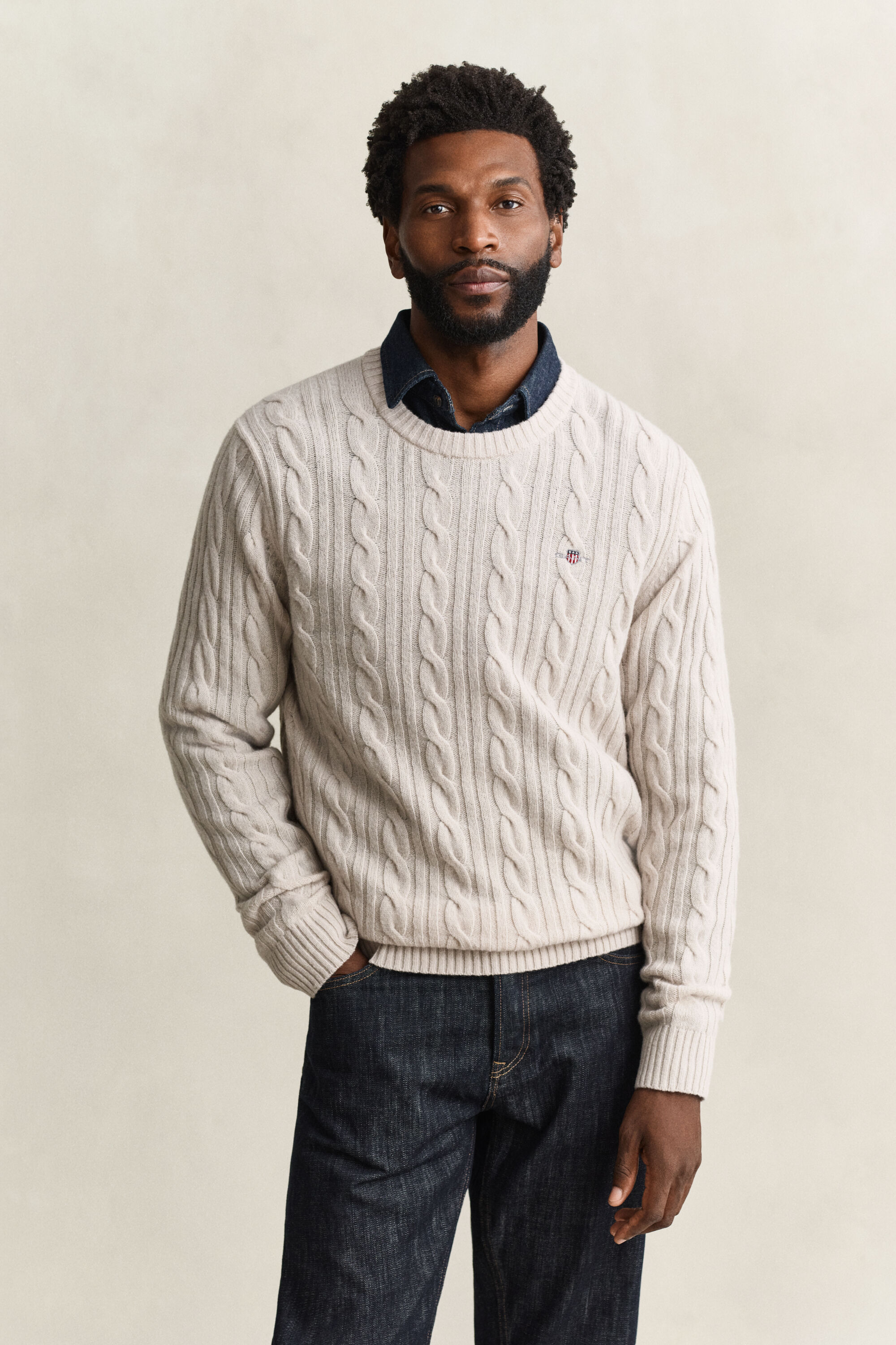 Lambswool Zopfstrick Rundhalspullover