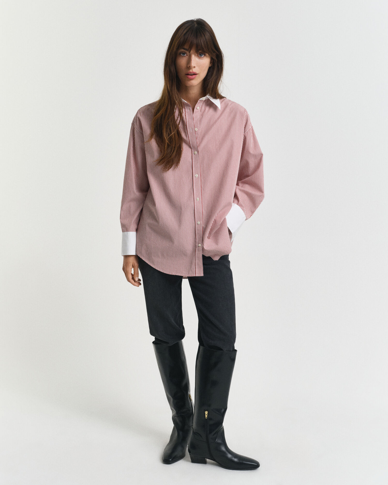 Oversized Bluse mit Kontrastkragen und Streifen