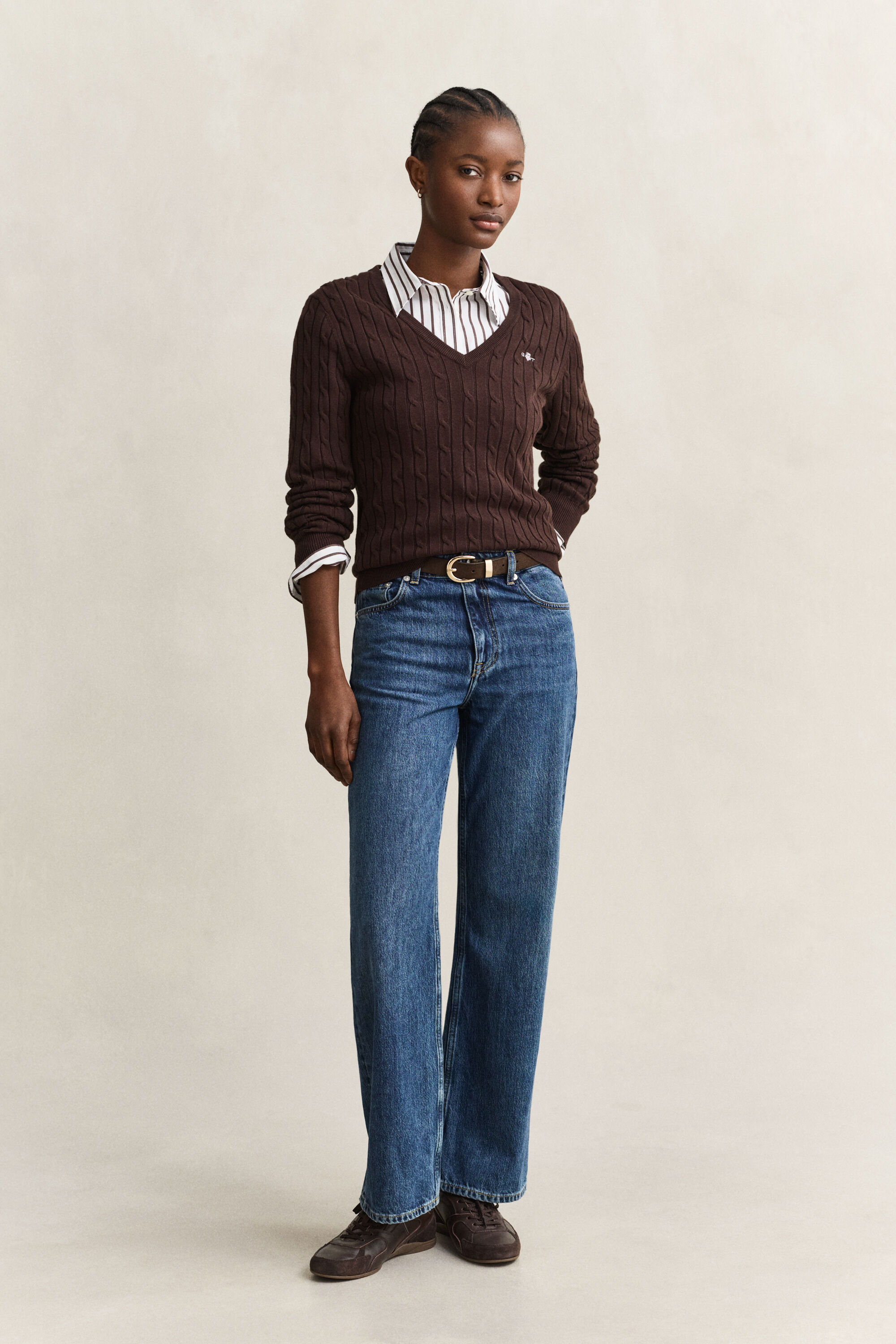Zopfstrick V-Neck Pullover aus Stretch-Baumwolle