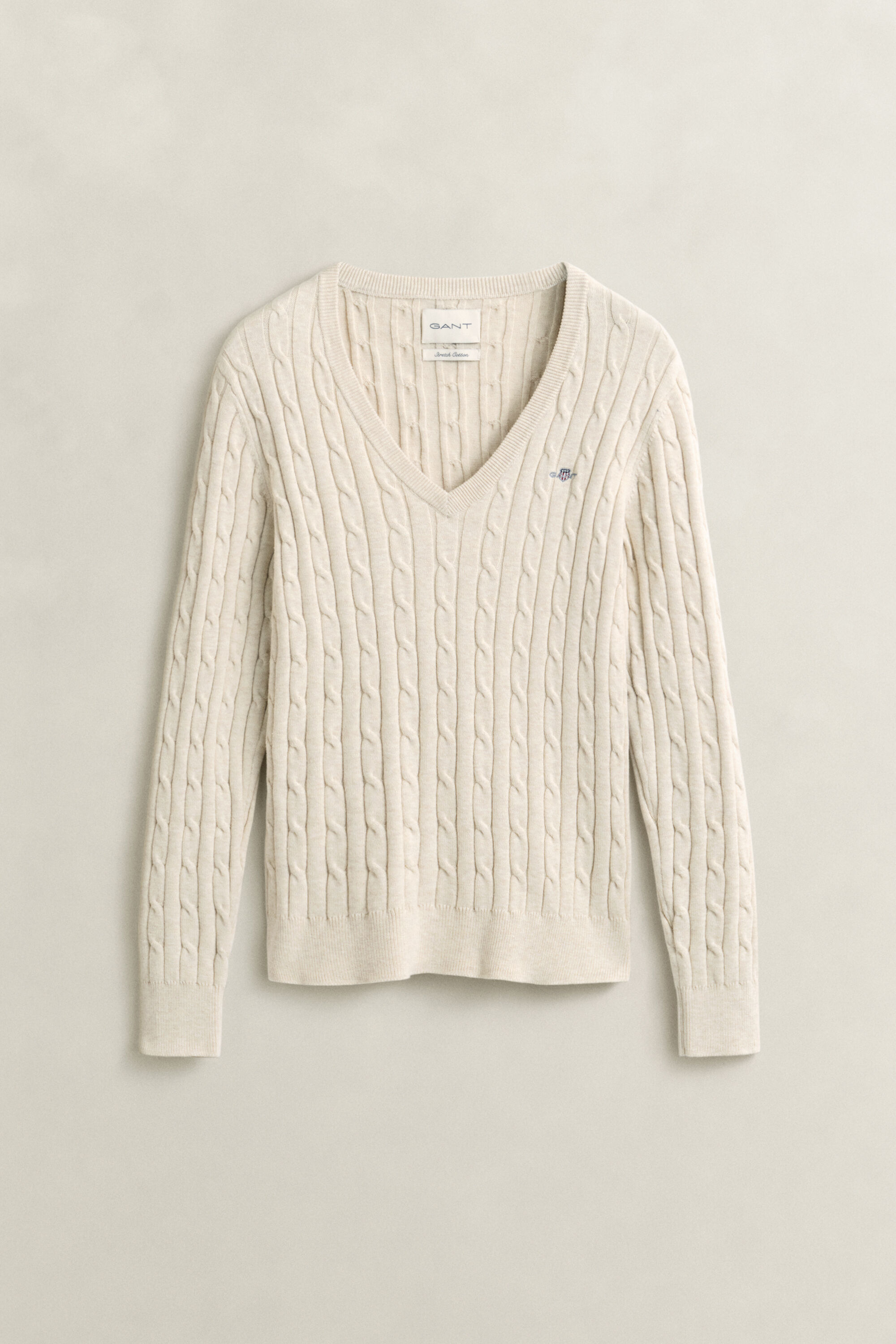 Zopfstrick V-Neck Pullover aus Stretch-Baumwolle