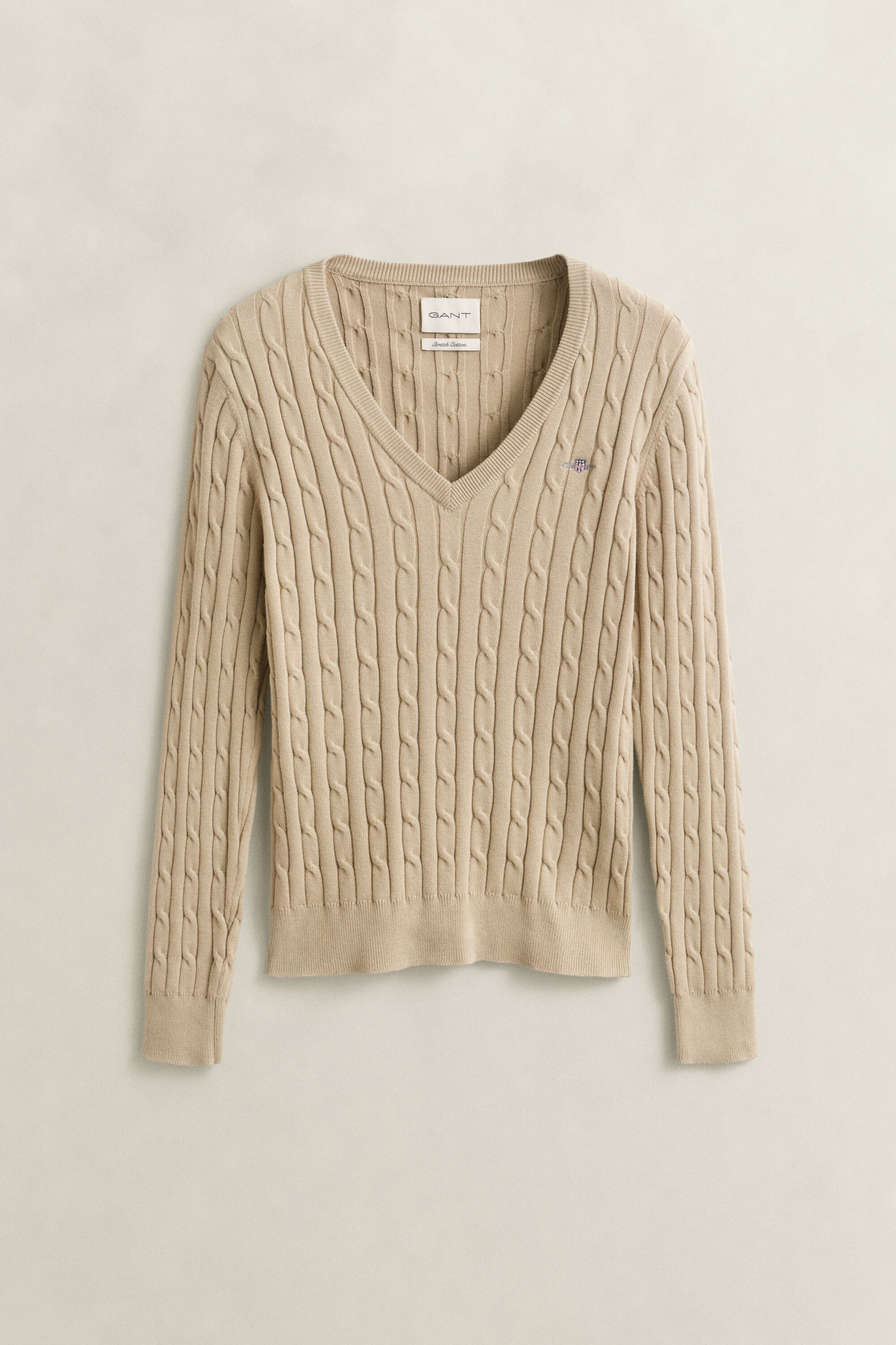 Zopfstrick V-Neck Pullover aus Stretch-Baumwolle