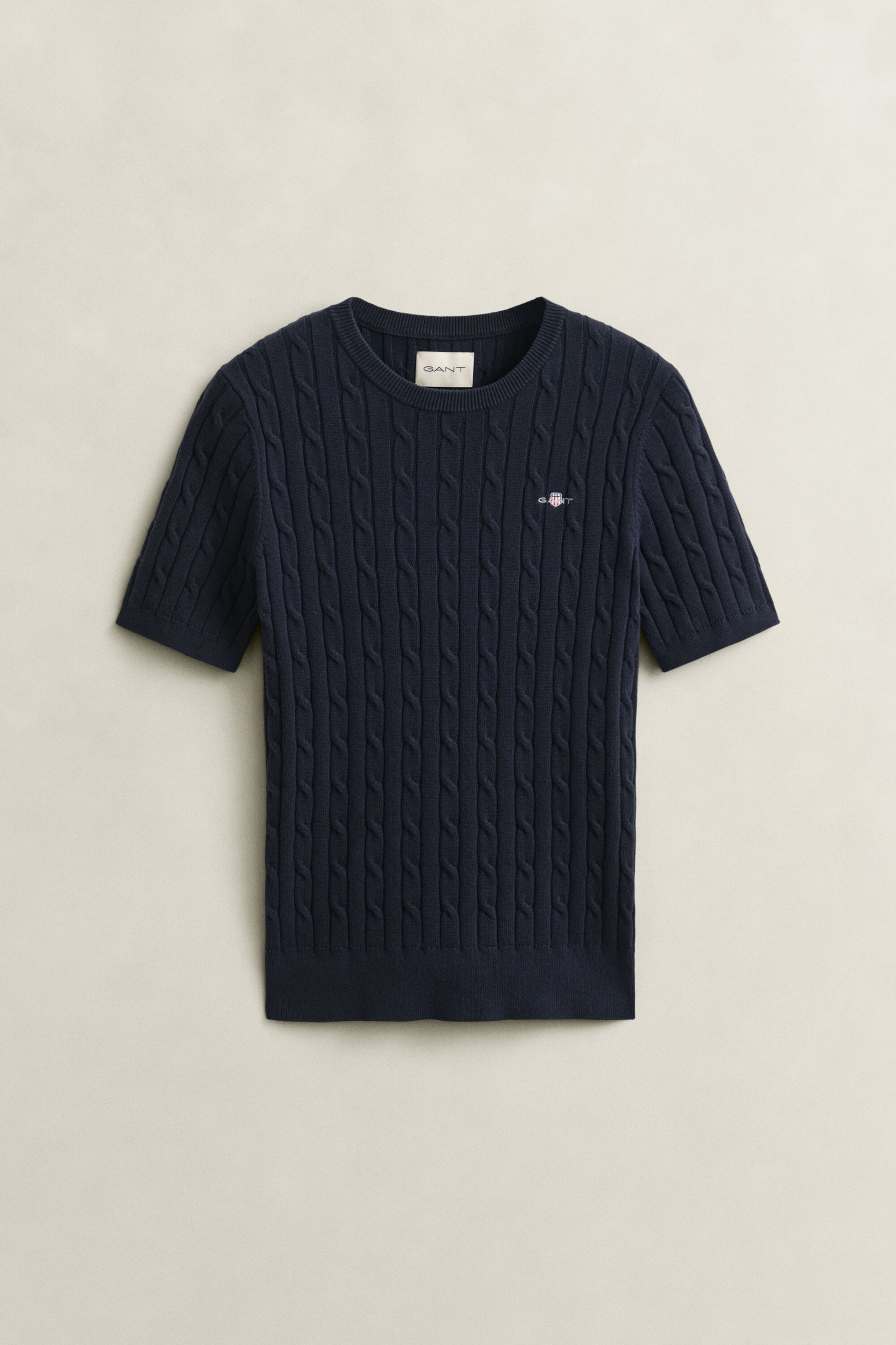 Kurzärmliger Zopfstrickpullover aus Baumwollstretch