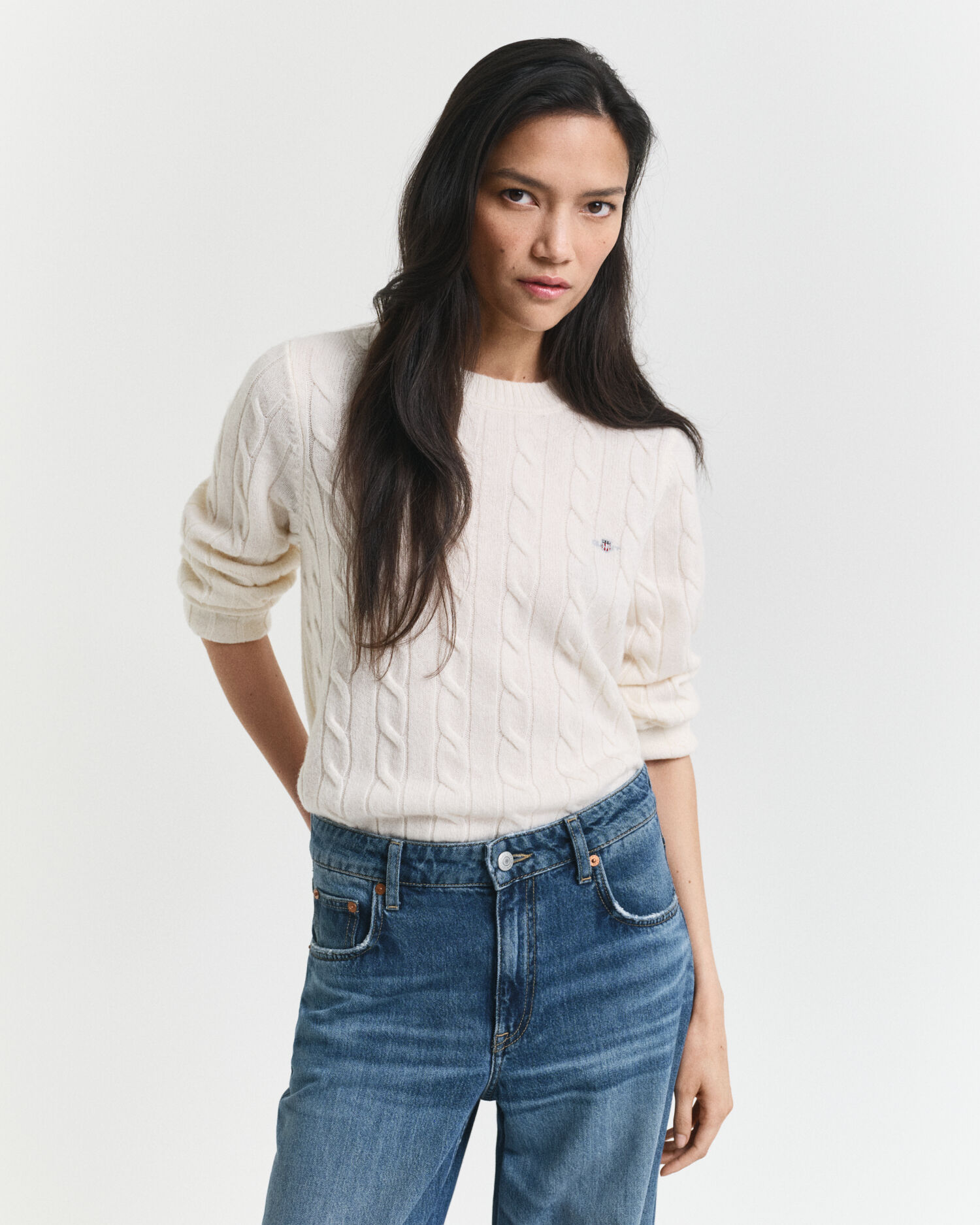 Lambswool Zopfstrick Rundhalspullover