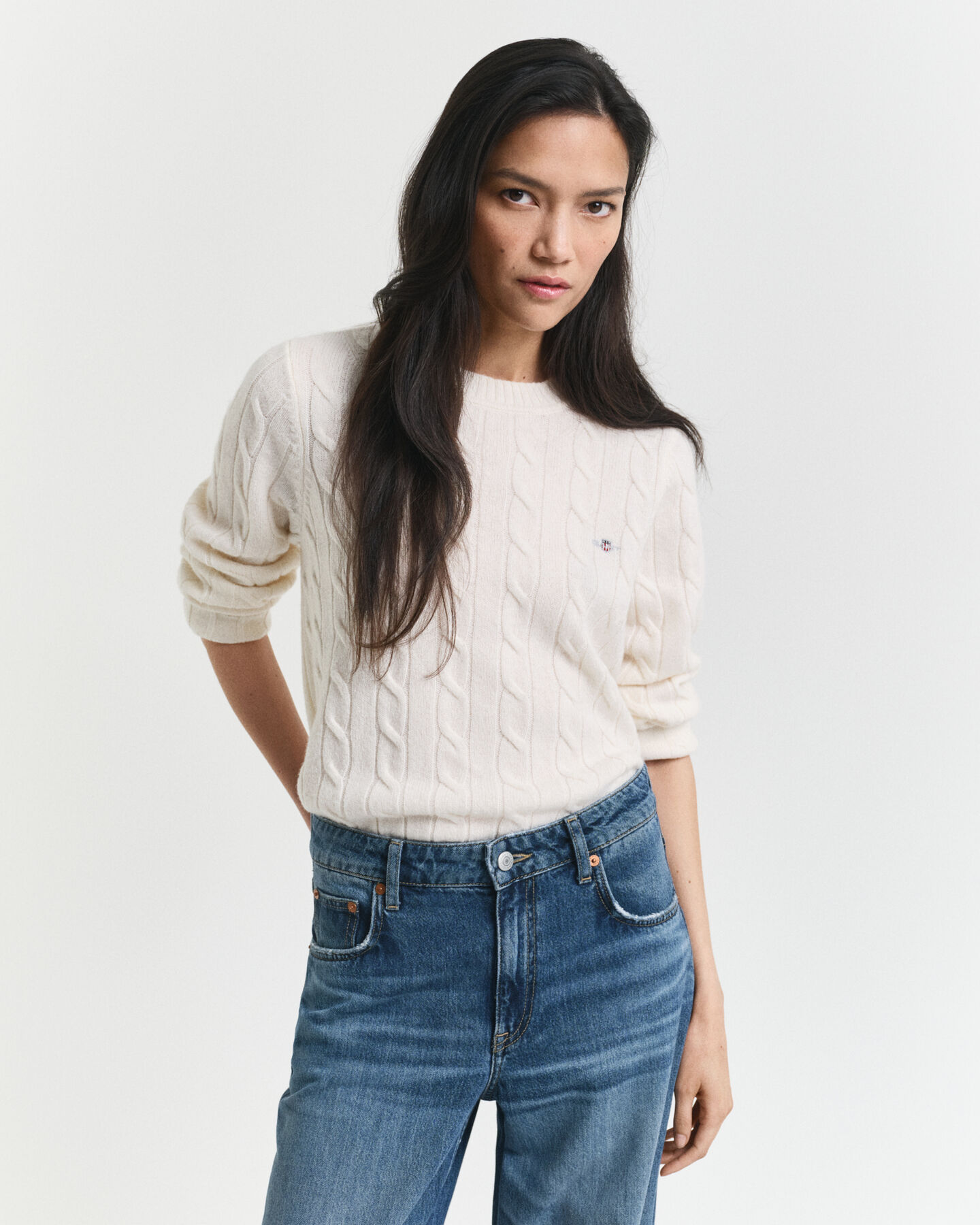 Lambswool Zopfstrick Rundhalspullover