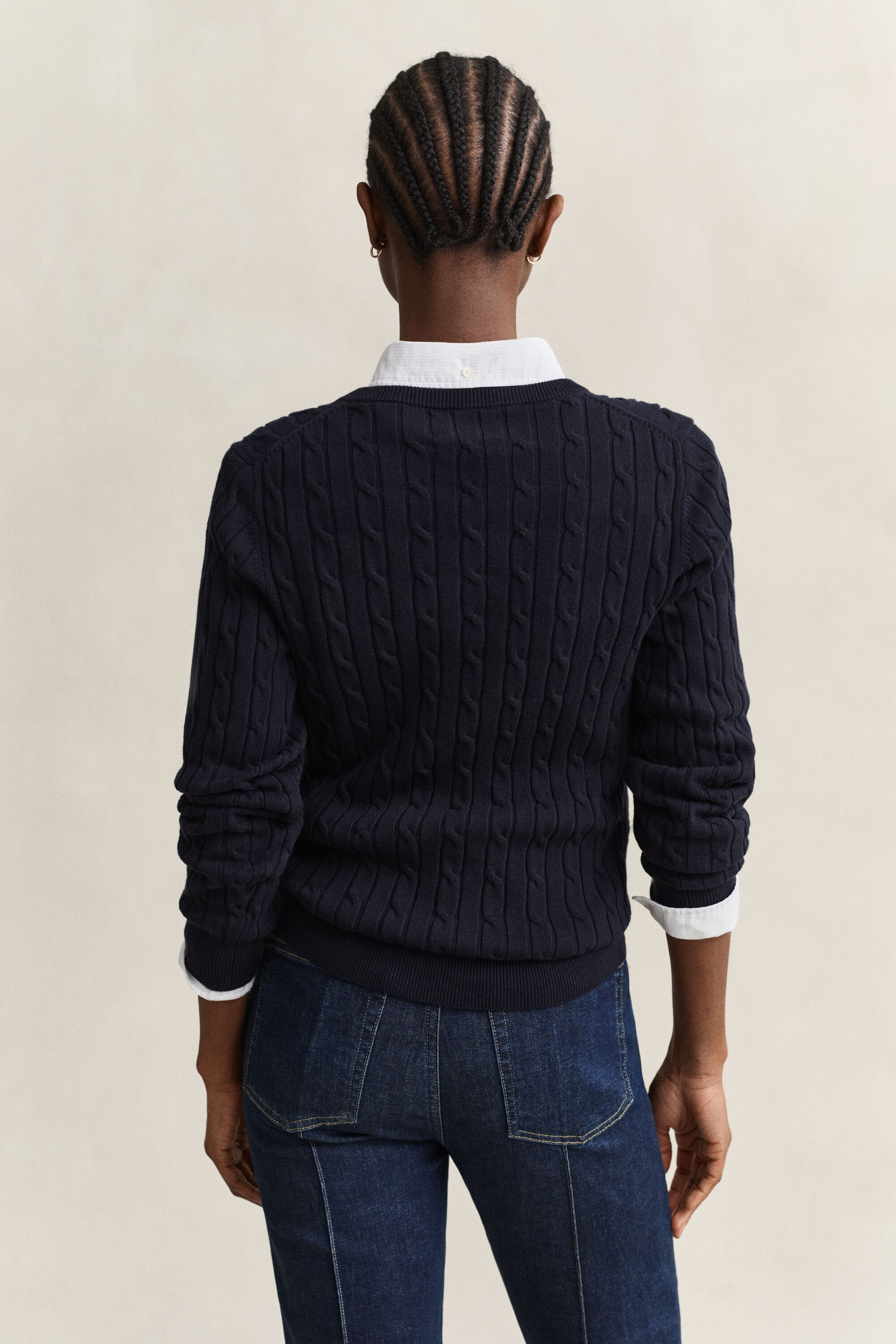 Zopfstrick V-Neck Pullover aus Stretch-Baumwolle