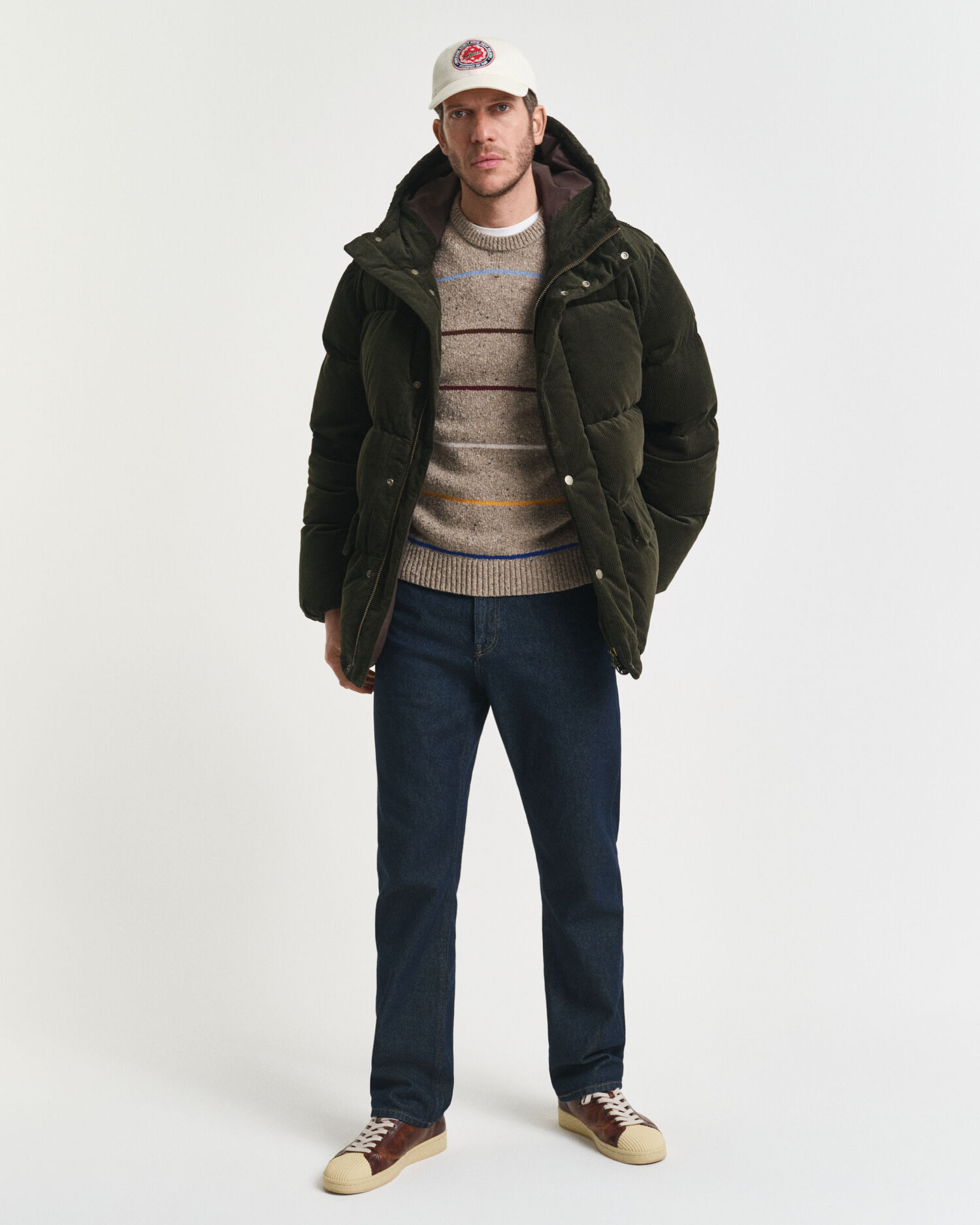 Gestreifter Wollmix Rundhalspullover mit Noppenstruktur