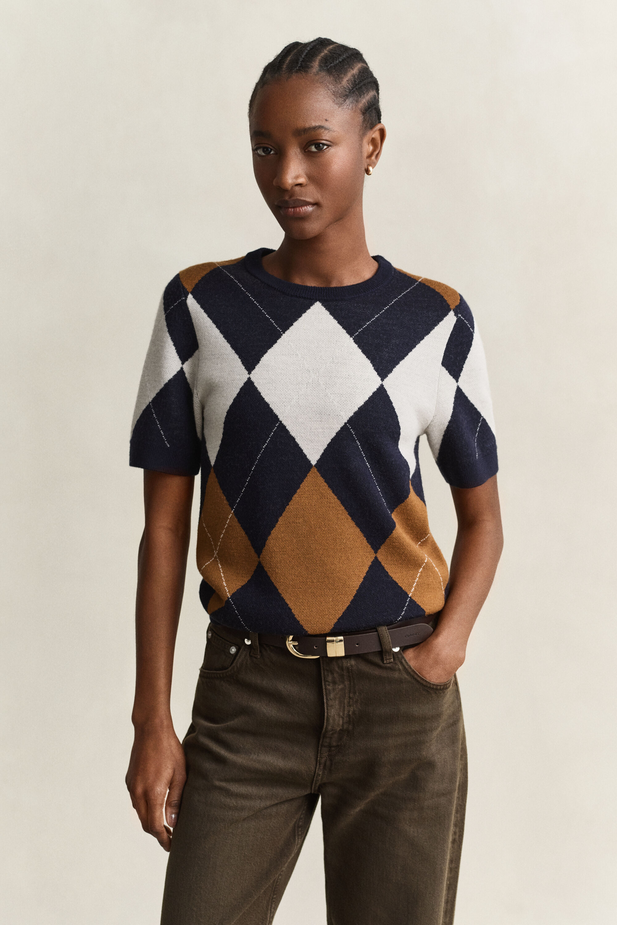 Argyle Kurzarmpullover aus Wolle