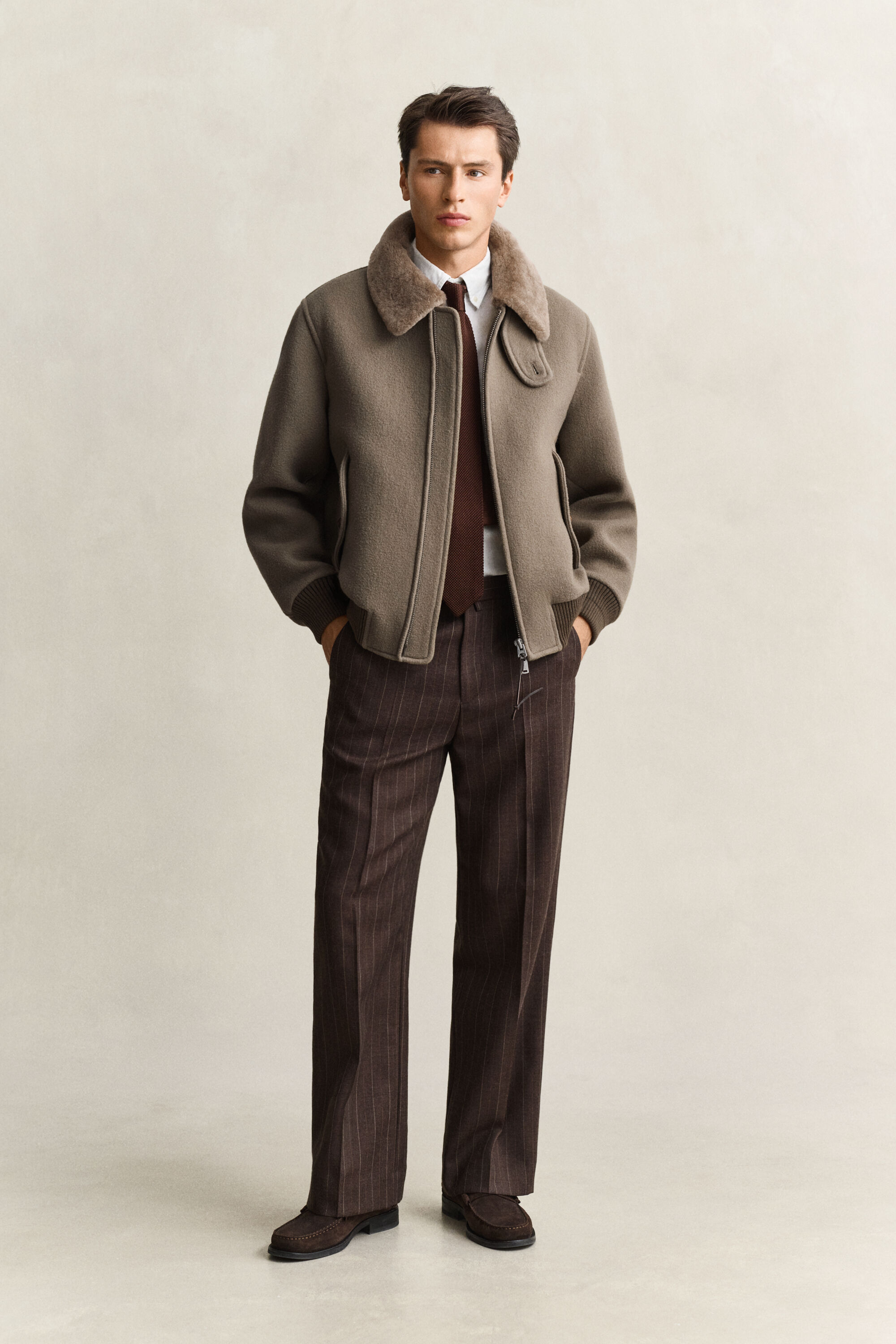 Fliegerjacke aus Wolle mit Shearlingesatz