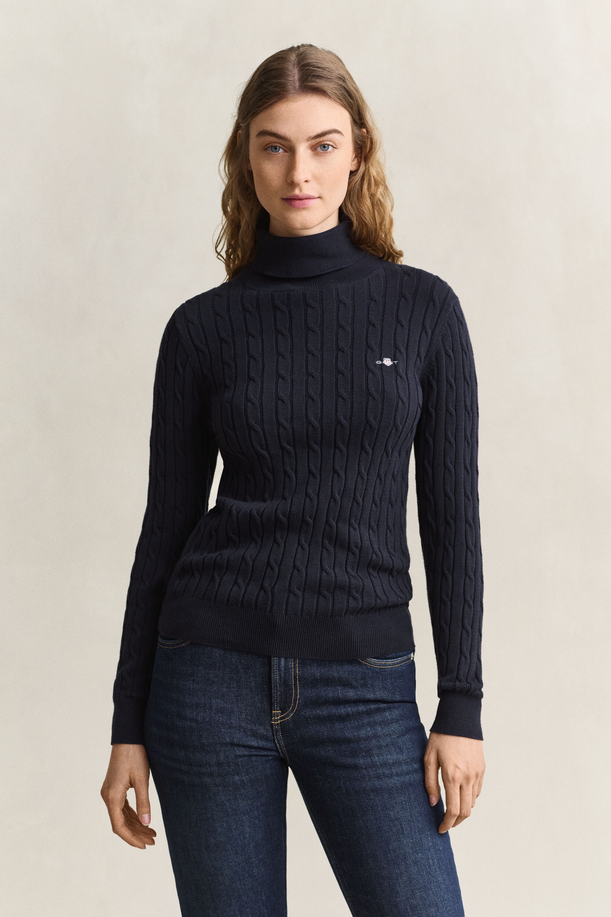 Zopfstrick Rollkragenpullover aus Stretch-Baumwolle