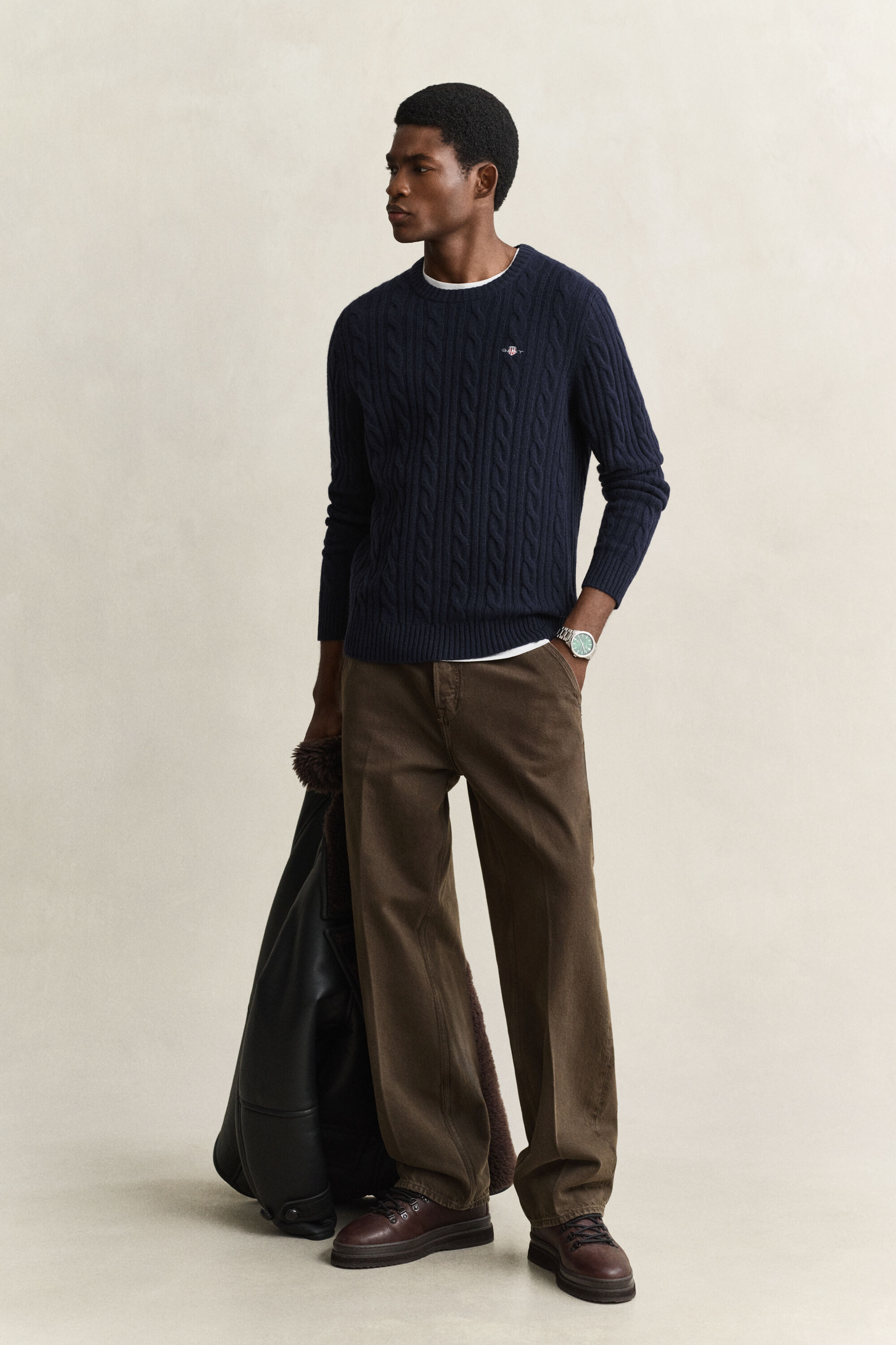 Lambswool Zopfstrick Rundhalspullover