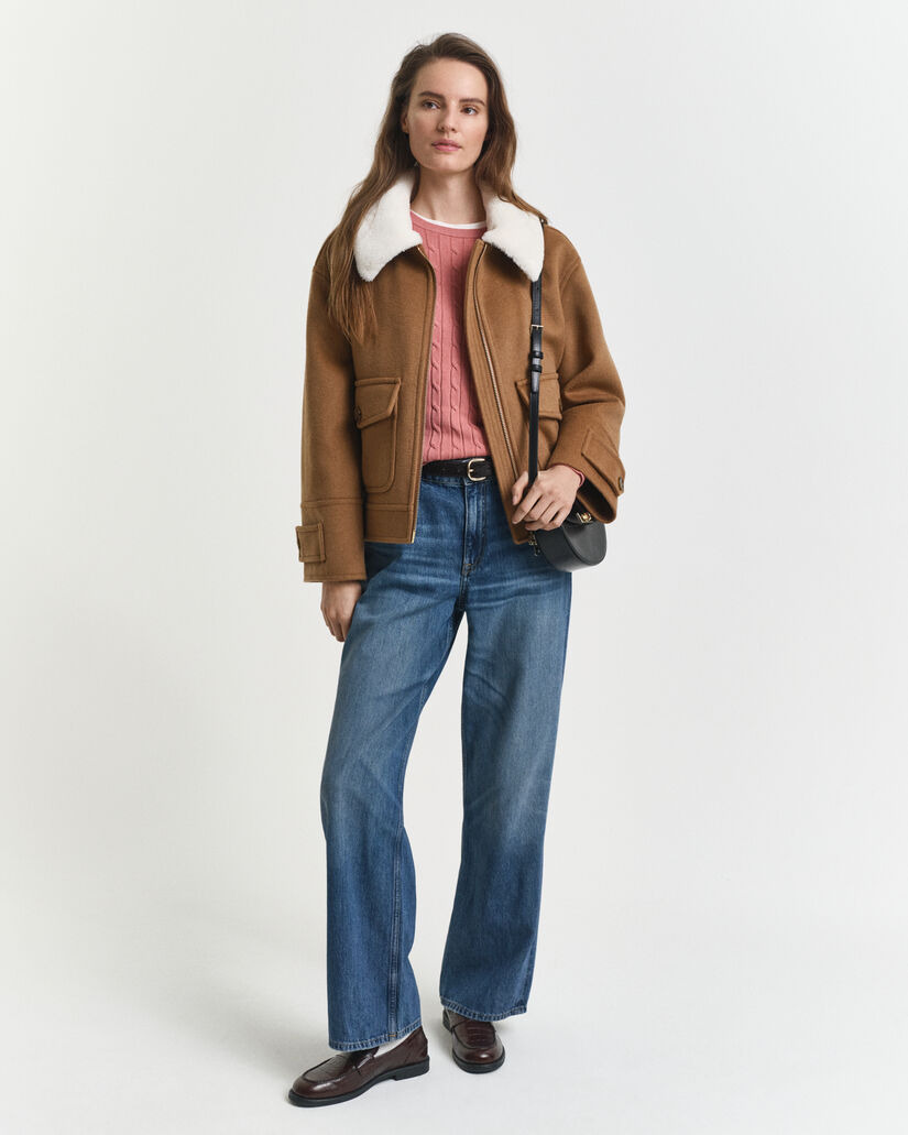 Zopfstrick Rundhalspullover aus Stretch-Baumwolle