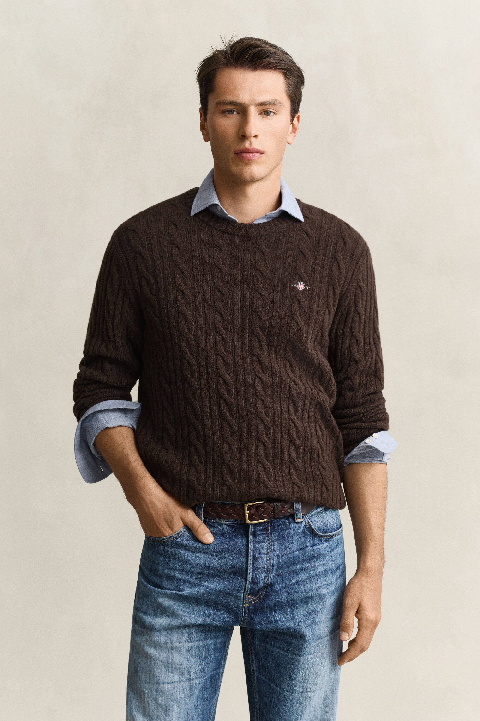 Lambswool Zopfstrick Rundhalspullover